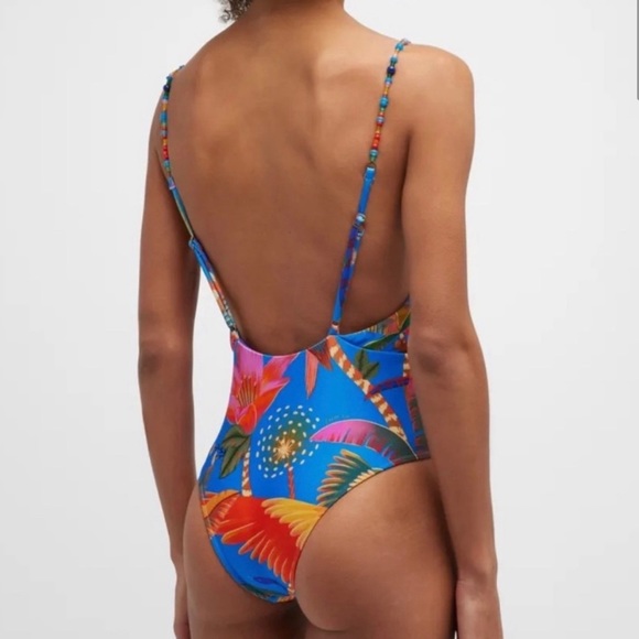 Farm Rio Macaw Party One-Piece Swimsuit size S Beaded Straps New with Tags - Picture 6 of 7